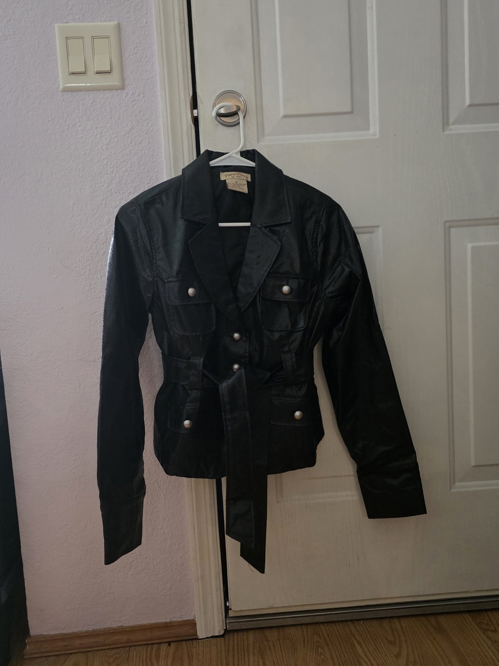 NWOT- Paris Blues Medium Womens Black Faux Leather Belted Military-Style Jacket